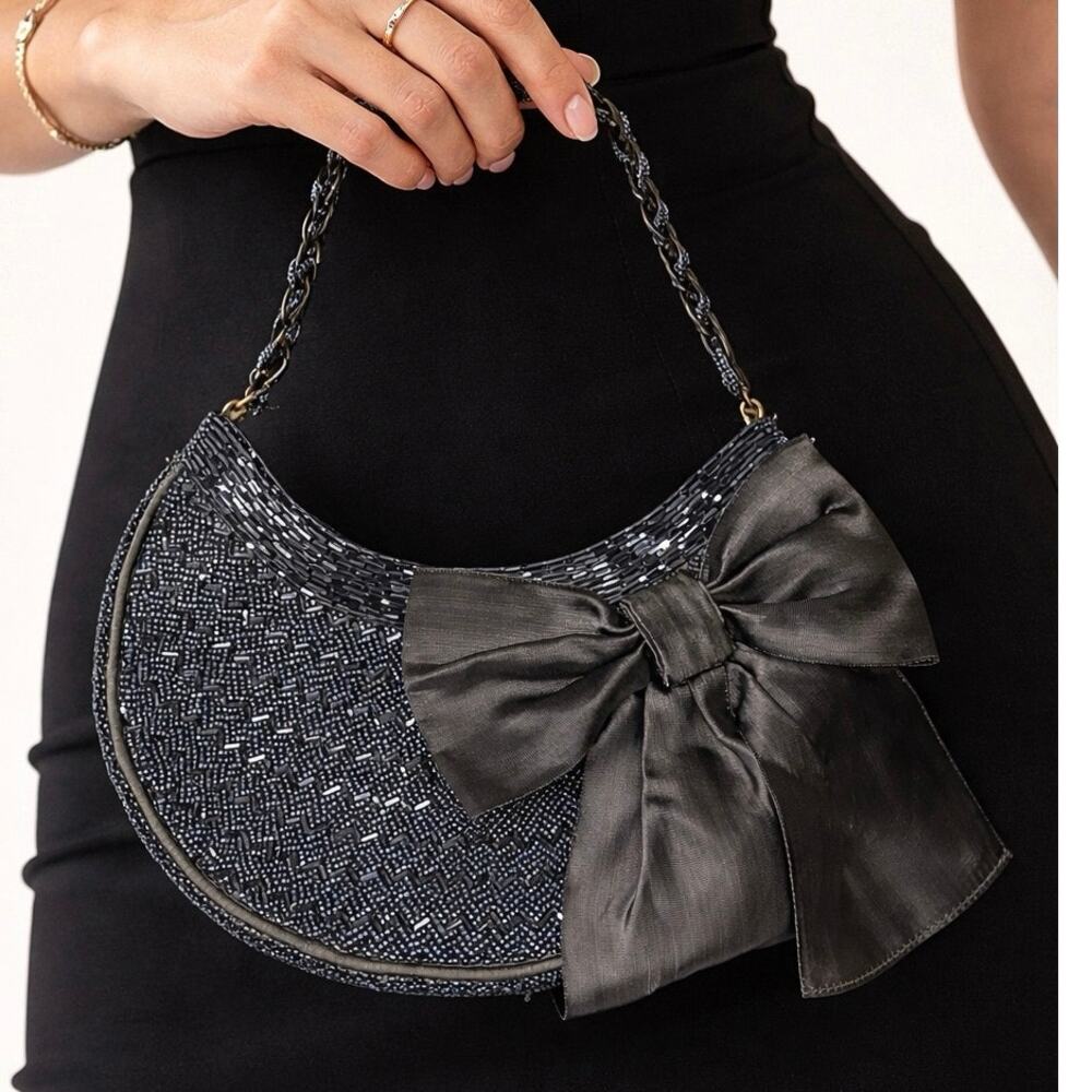 Inge Christopher Beaded‎ Evening Bag Gray Bow Clutch Shoulder Handbag Formal